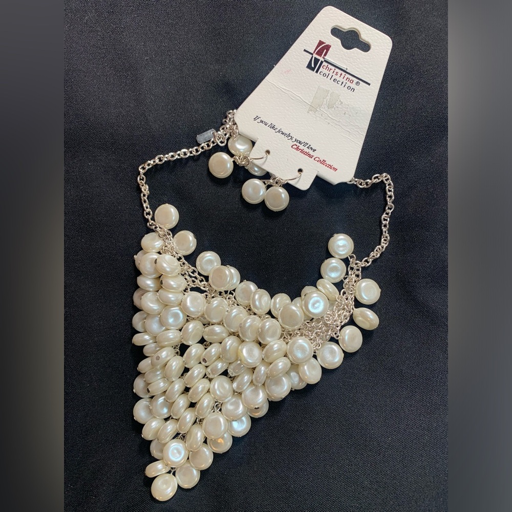 NWT White Pearls Silver Necklace & Earrings Set Christina Collection